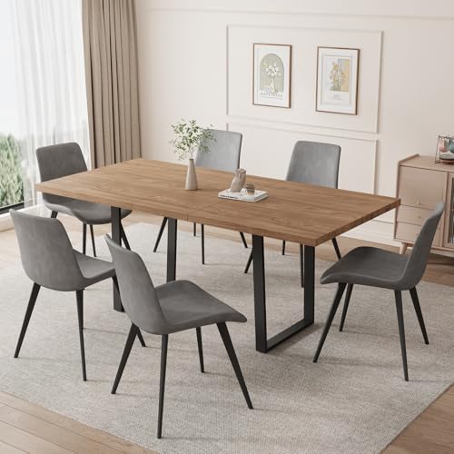 ZckyCine 67" Expandable Walnut Dining Table and 6 Upholstered Chairs