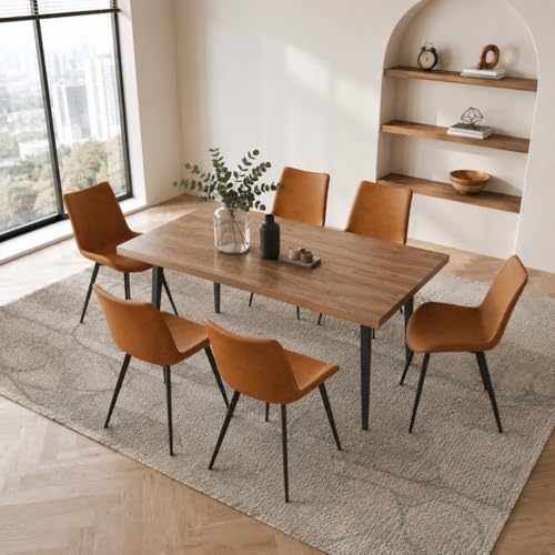 ZckyCine 70.8" Walnut Dining Table with 6 PU Leather Chairs