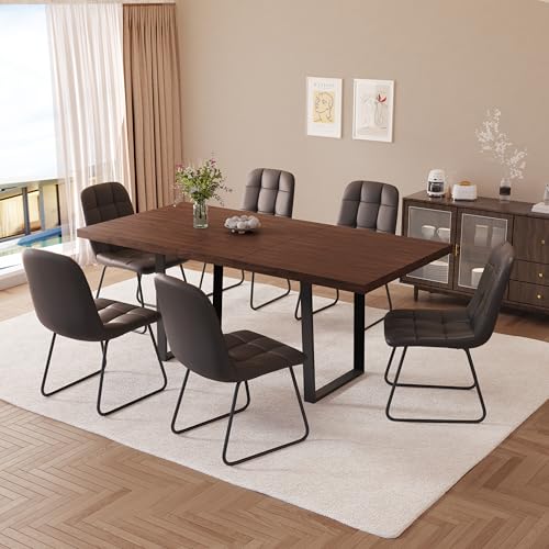ZckyCine 79" Expandable Walnut Dining Table with 6 PU Leather Chairs